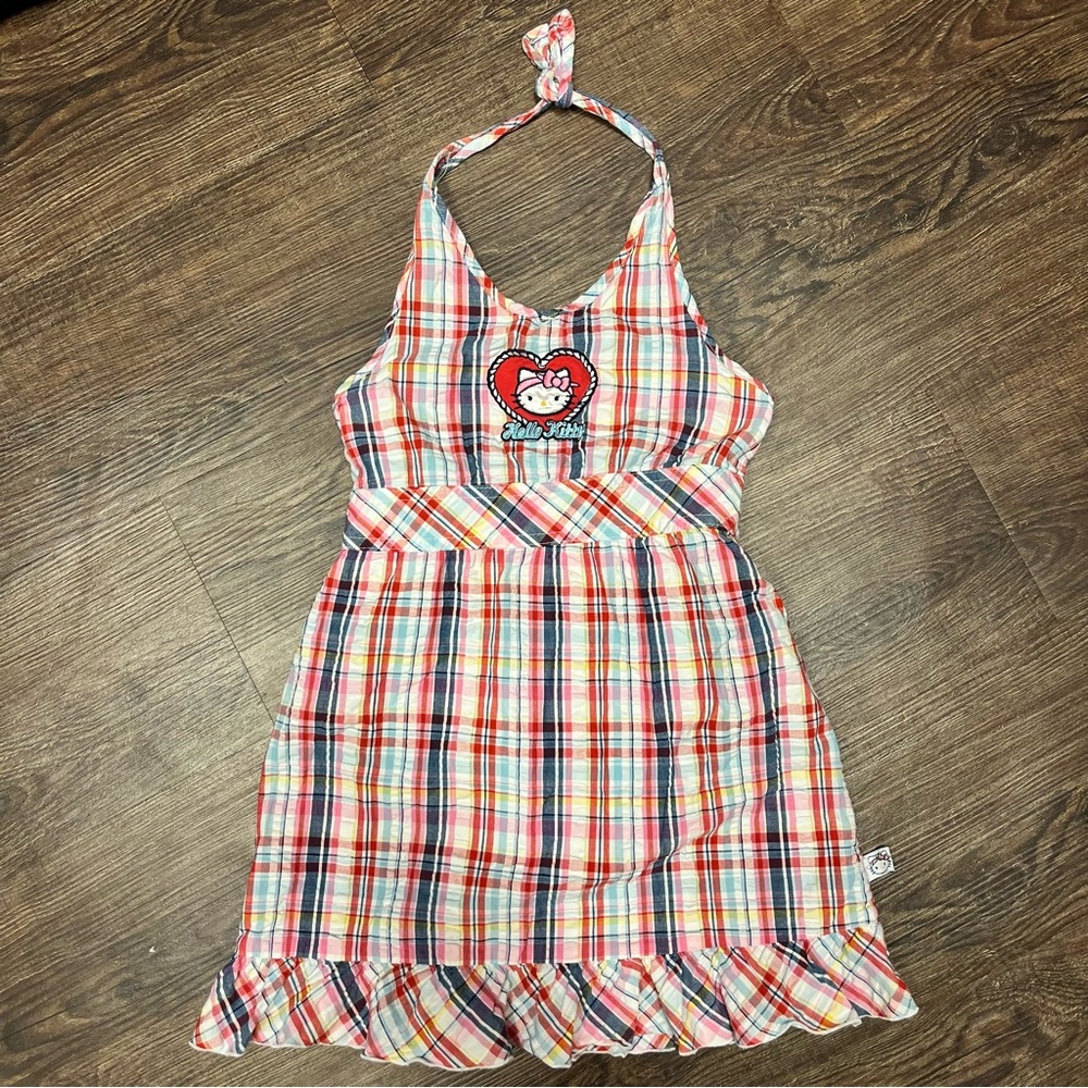 Vintage Y2K Hello Kitty Pink Plaid Halter Neck Embroidered Logo Ruffle Dress S